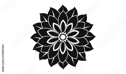 Black and white stylized dahlia flower silhouette isolated on white background