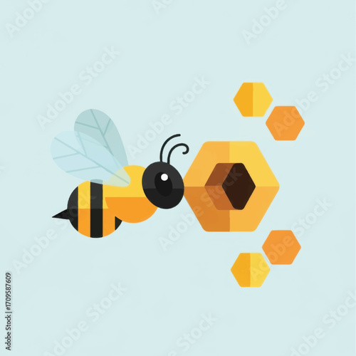 Minimalist graphic illustration of a honey bee with honeycombs.