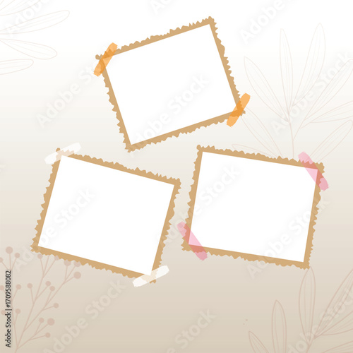 Three square frames with tape on a beige floral background isolated on white background