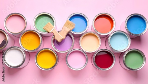 Colorful paint cans on pink background