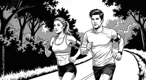 Running man and woman, vector monochrome drawing. Athletic looking male and female runners running in a park. EPS version.