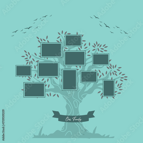 Family tree with frames and birds on blue background for genealogy