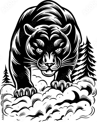 SVG tattoo design inspired by traditional Japanese Irezumi (Wabori) style. Intense Black Panther Illustration with Bold Lines and Dramatic Setting