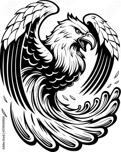 SVG tattoo design inspired by traditional Japanese Irezumi (Wabori) style. Fierce Eagle Illustration with Dynamic Wave Design in Black and White