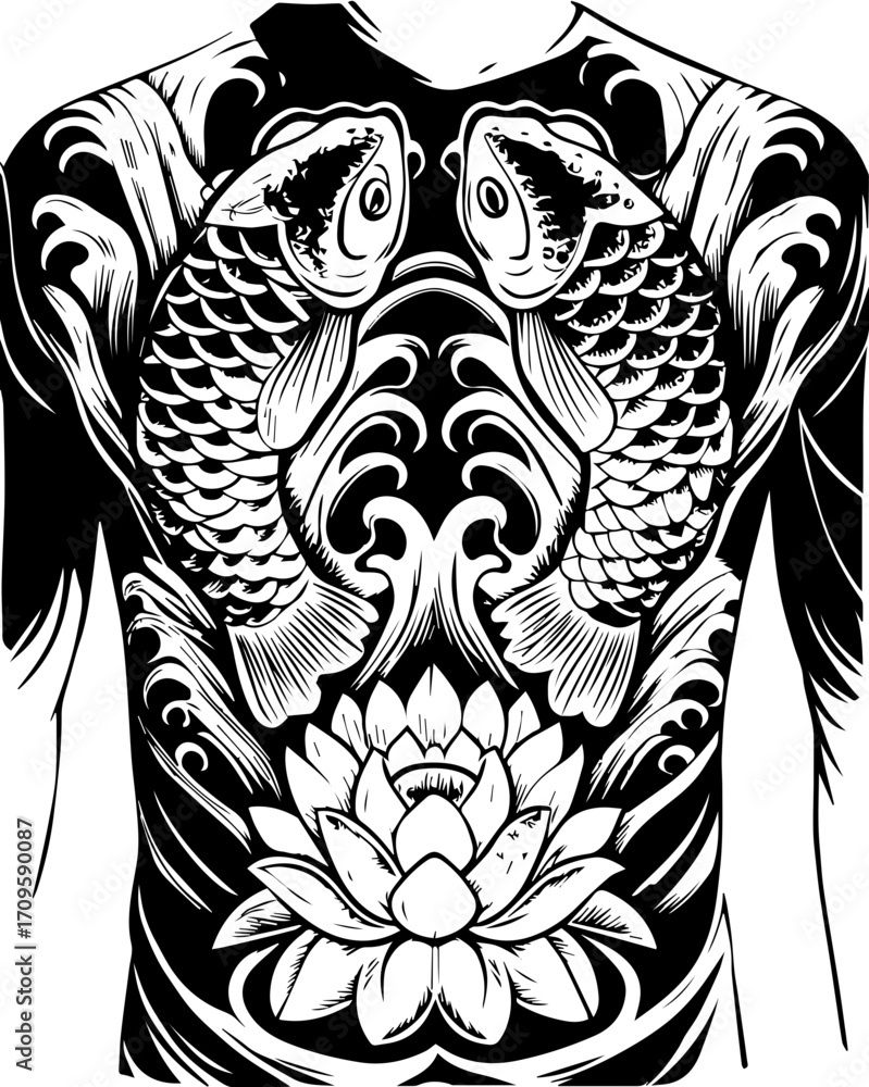 Fototapeta premium SVG tattoo design inspired by traditional Japanese Irezumi (Wabori) style. Intricate Black and White Koi Fish Tattoo Design with Lotus Flower