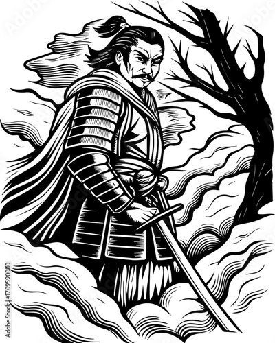 SVG tattoo design inspired by traditional Japanese Irezumi (Wabori) style. Samurai Warrior in Traditional Armor Against a Mystical Background