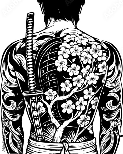 SVG tattoo design inspired by traditional Japanese Irezumi (Wabori) style. Intricate Black and White Tattoo Design Featuring Cherry Blossoms