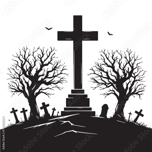 Black Graveyard Cross Silhouette Vector Illustration design, Solid White Background