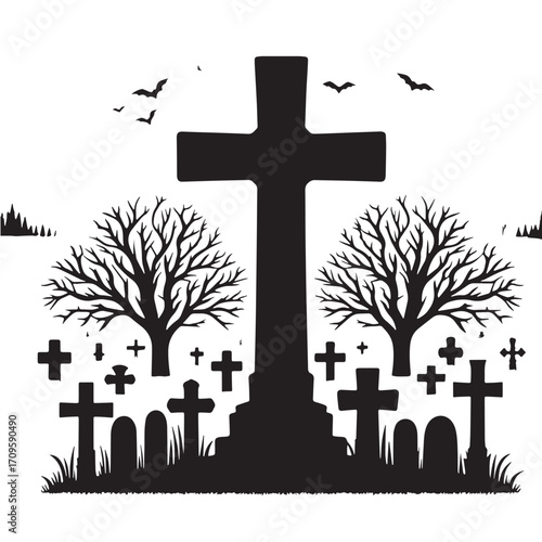Black Graveyard Cross Silhouette Vector Illustration design, Solid White Background