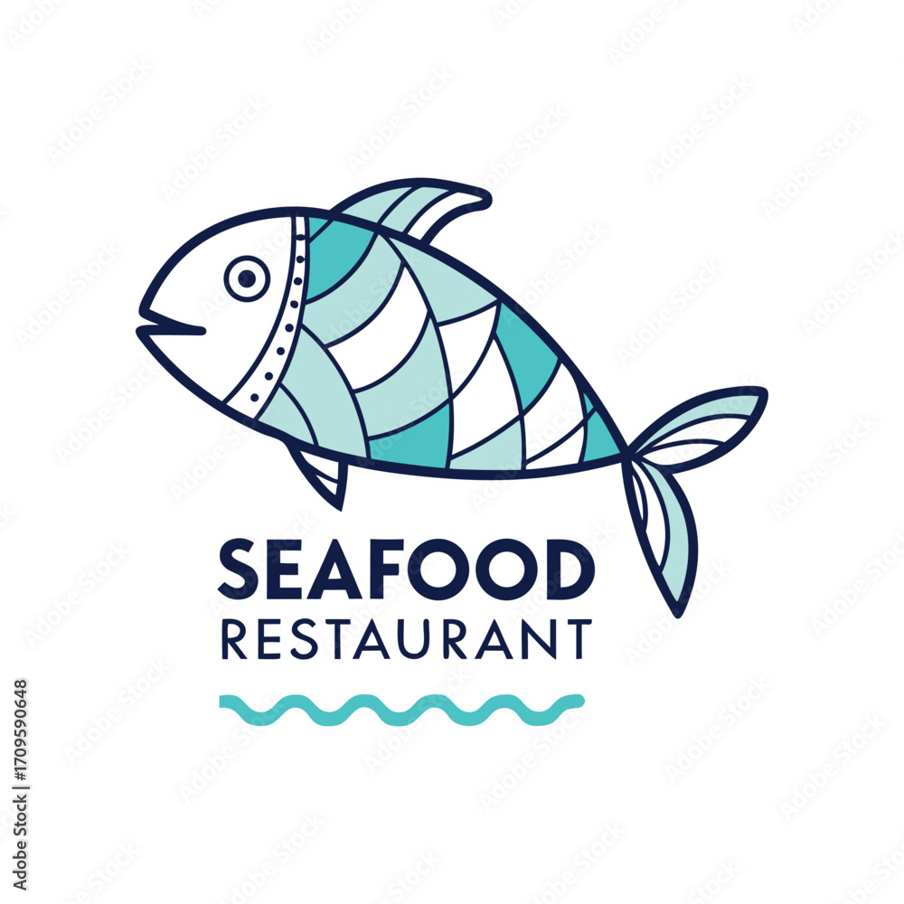 Obraz premium Bluewave Seafood — Flat Vector Logo with Pastel Teal and Blue Fish Design