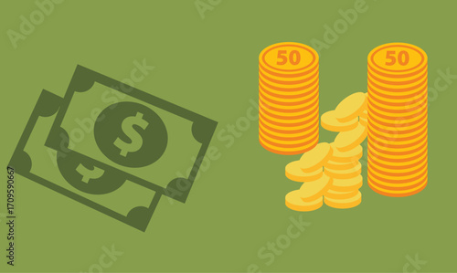 Flat design illustration of money bills and gold coins, representing wealth, savings, finance, and economic value in a clean, modern, and minimal financial concept layout.