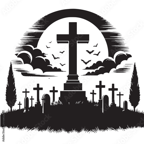 Black Graveyard Cross Silhouette Vector Illustration design, Solid White Background