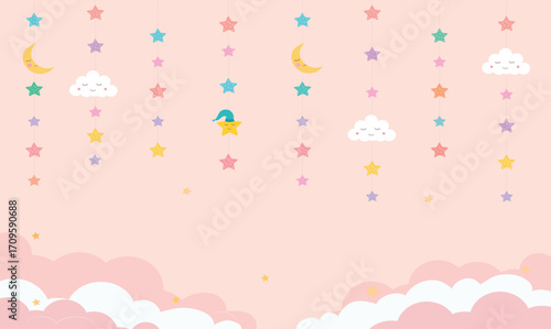 Flat design illustration of baby-themed clouds in a soft, pastel sky background, evoking calmness, innocence, and a dreamy atmosphere