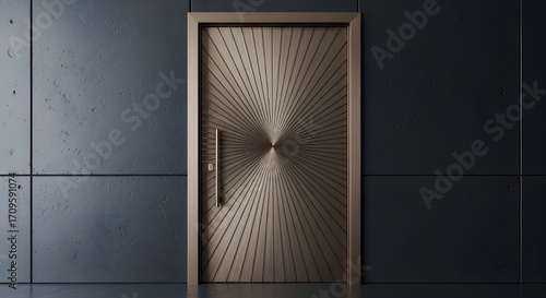 Luxury modern front door with metallic radial pattern design, centered handle, dark textured wall background, elegant architectural entrance, minimalistic and stylish high-end exterior, 3D rendered