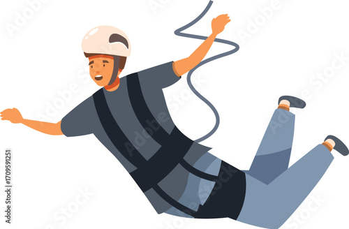 Happy man wearing helmet and safety harness bungee jumping, extreme sport and leisure activity concept