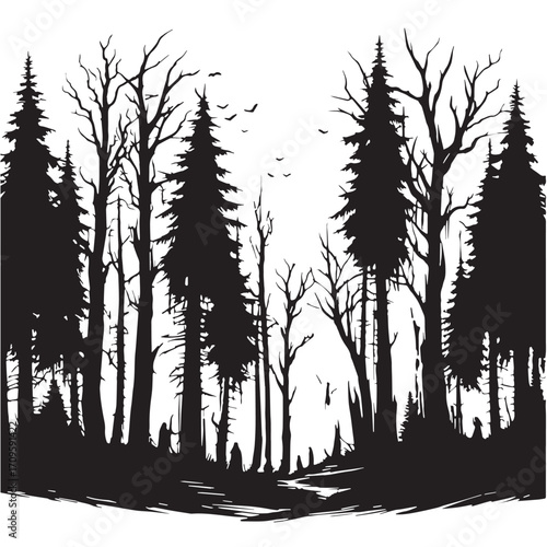 Black Haunted Forest Silhouette Vector Illustration design, Solid White Background
