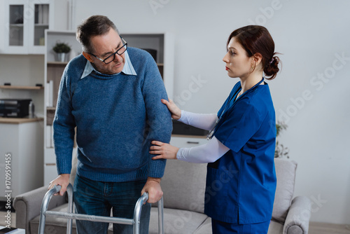 A white female nurse is assisting an elderly male patient with crutches, helping him get up from a sofa. She emphasizes rehabilitation,mobility assistance, nursing care,physical assistance