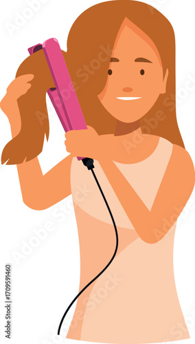 Smiling young woman straightening her hair with pink hair straightener, hair care and beauty routine