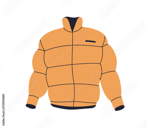 Jacket, warm padded outerwear for cold weather, autumn and winter season. Sport style clothing, outer wear. Comfortable apparel, quilted puffer. Flat vector illustration isolated on white background