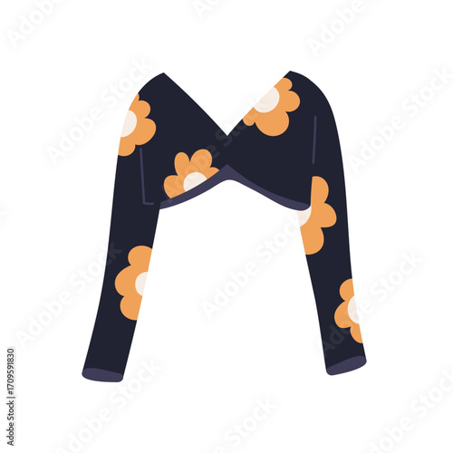Crop top with long sleeves. Modern style bolero, shrug clothing. Cropped apparel. Fashion trendy blouse with floral pattern, summer garment. Flat vector illustration isolated on white background