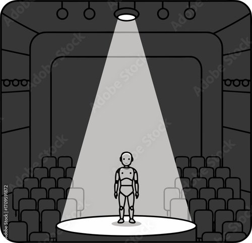 A robot actor stands on a theater stage in the spotlight, facing an empty auditorium. The concept of replacing humans with code and artificial intelligence in art and creativity.