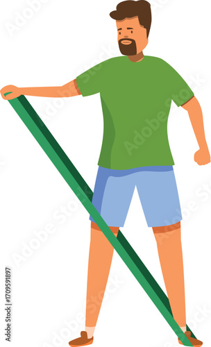 Bearded sportsman exercising with elastic band, enjoying workout, building muscles, training legs and arms, healthy lifestyle