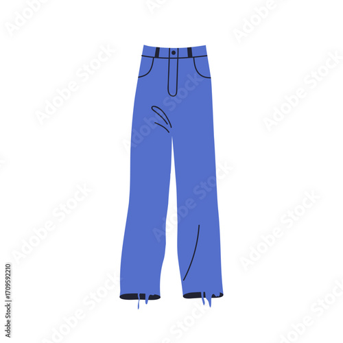 Jeans, denim trousers with raw frayed hem, ripped edge. Modern fashion style ...