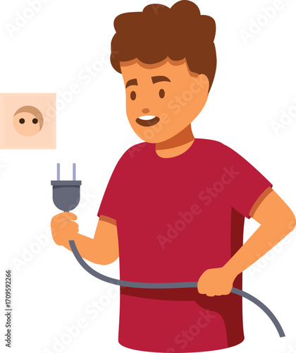 Electrician holding electrical plug and cable, preparing to connect to wall socket