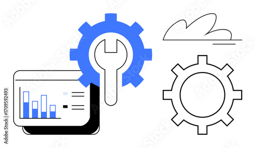 Gear and wrench for repair, analytics dashboard for data, and cloud for computing. Ideal for maintenance, optimization, cloud technology, data management, engineering, automation simple flat