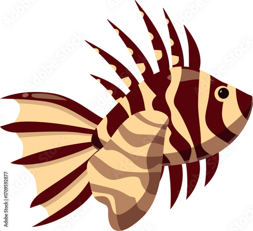 Red lionfish with long fins and venomous spines swimming in the ocean, displaying its vibrant colors and elegant movement