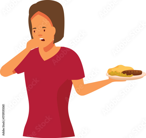 Young woman suffering from nausea while holding plate with unhealthy food, concept of food poisoning or eating disorder