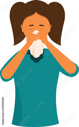 Young girl with pigtails blowing her nose with a tissue, experiencing symptoms of a cold, flu, or allergy