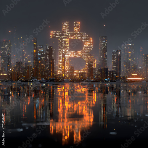 Digital currency icon shines over futuristic city