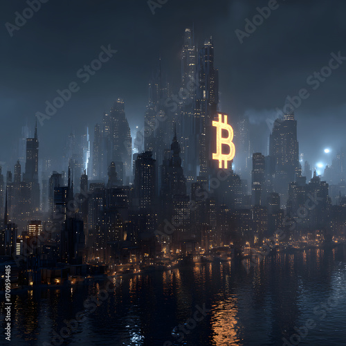 Futuristic city skyline glows with financial icon
