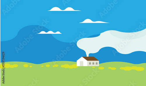 illustration of an old house in a green field with sky and clouds, inspired by the English countryside