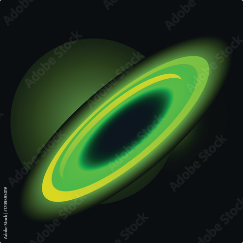 Green planet with glowing yellow and green rings orbiting in dark space