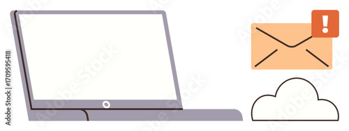 Open laptop, alert message envelope with exclamation mark, cloud icon. Ideal for technology, email, communication, productivity, cloud storage remote work digital safety. Simple flat metaphor