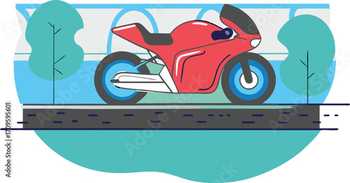 Flat design illustration of a motorbike rider in racing gear, isolated on a plain background, symbolizing speed, sport