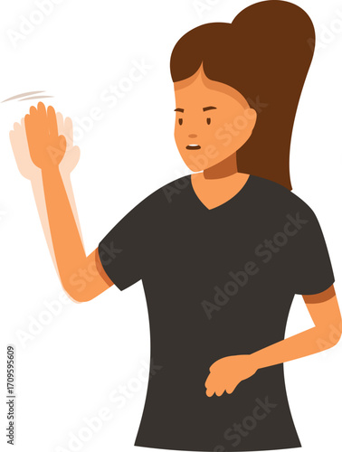 Young woman waving goodbye, her hand partially transparent, symbolizing a farewell or departure