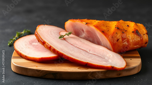 Piece of ham is sliced into three pieces, isolated