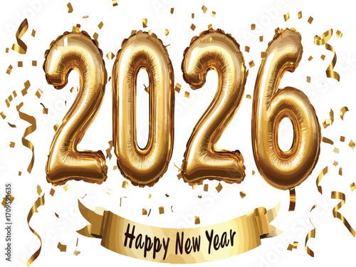 Golden 2026 balloons with confetti celebrate the upcoming new year celebration event