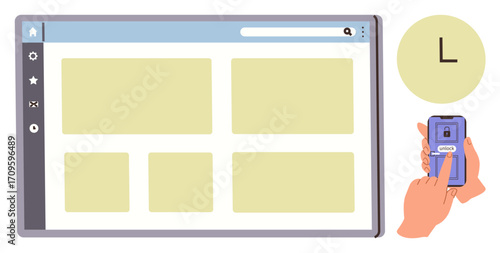 Large browser window with grid layout next to hand using phone to unlock access. Locked screen on phone. Ideal for data security, website access, two-factor authentication, user interface