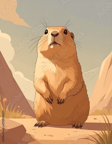 Prairie dog, alert pose, scenic landscape