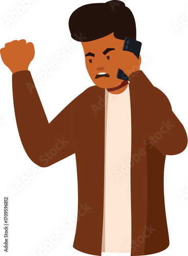 Young man arguing on smartphone, raising fist expressing anger and frustration
