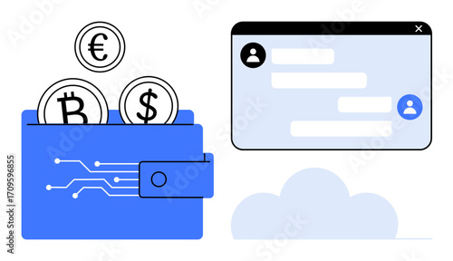 Blue digital wallet with cryptocurrency icons messaging interface with user profile and cloud below. Ideal for finance, technology, cryptocurrency, security, e-commerce, fintech, simple landing page