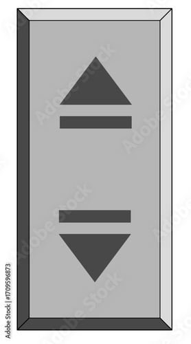 A rectangular, light-gray switch with a border. It features a solid, dark-gray up arrow and a solid, dark-gray down arrow, separated by two horizontal lines