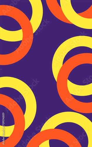 A vibrant, abstract image featuring interlocking yellow and orange rings against a deep purple background. The rings are scattered, creating a dynamic, modern pattern