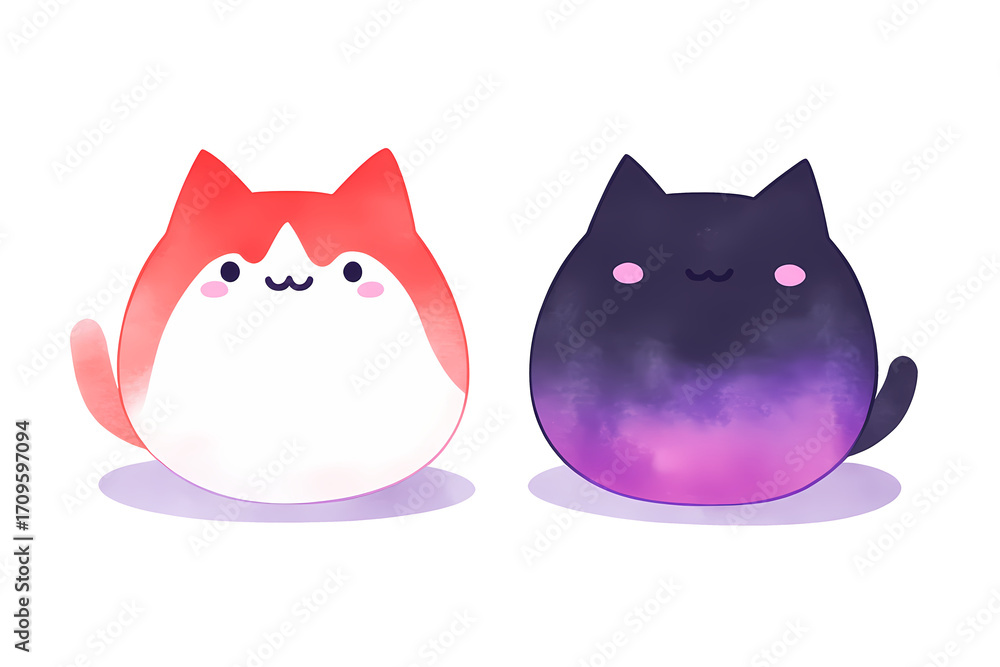 Fototapeta premium Adorable cartoon cats, one red and one cosmic purple, sitting on clouds.
