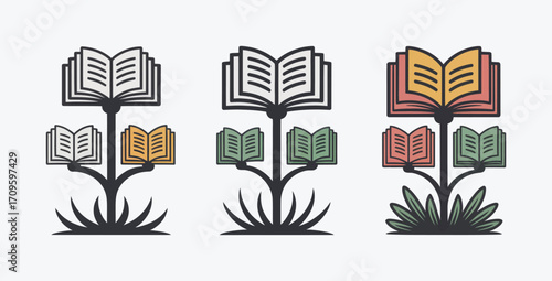 Three stylized book-trees;  pastel color palette; knowledge growth concept; vector illustration; educational design;  reading resources;  flat design style;  modern graphic;  library symbol.