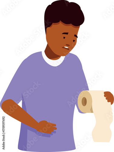 Black man with stomach pain holding toilet paper roll suffering from diarrhea or constipation